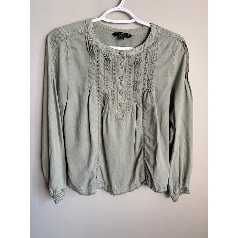 Velvet Heart Womens Sage Green Tencel Pintuck Blouse XS Boho Utility Cottagecore